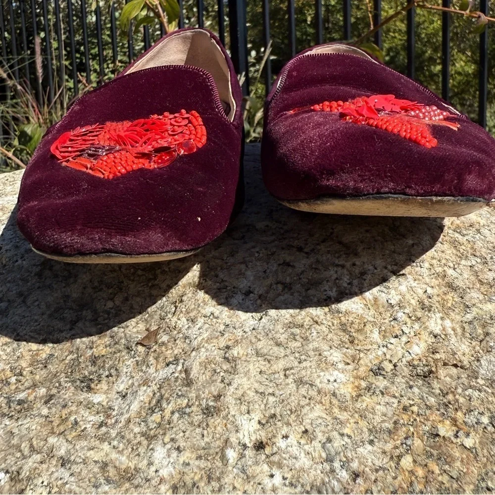 Tory Burch Women's Red Velvet Flats Size 8 Peace Bird Heart Sequins Casual